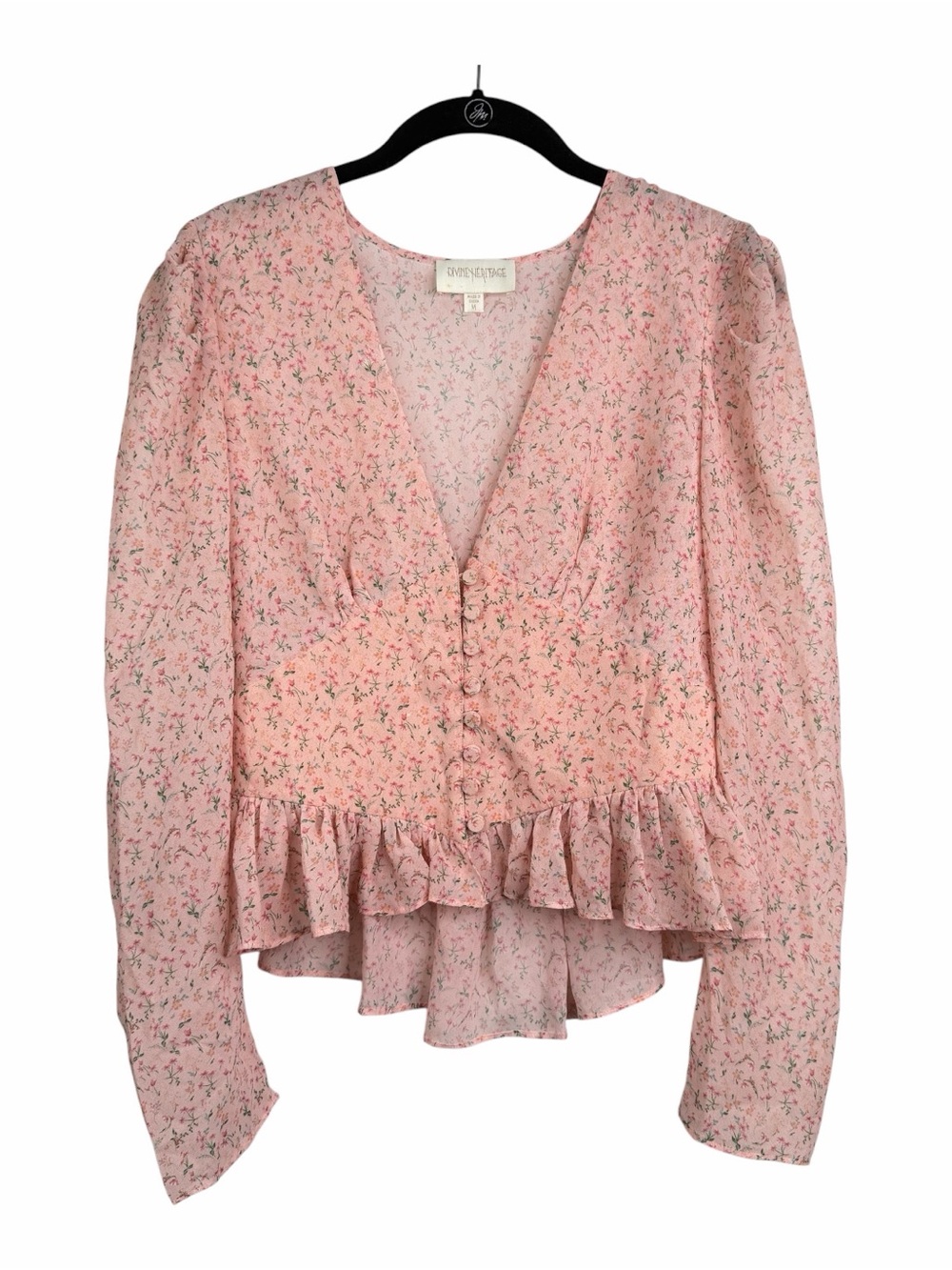 Divine Heritage Cottagecore Pink Floral V-Neck Romantic Blouse Top Peasant Sz M